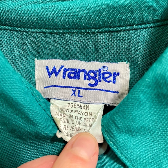 Vintage 1990s Women's Wrangler Western Collared Beaded Button Up Teal Blouse XL - Picture 10 of 13